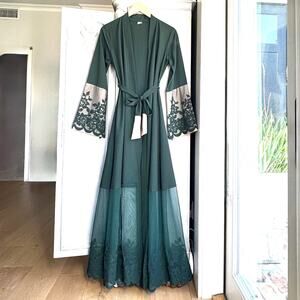 Emerald Green Lace Trim Maxi Robe Small | Sheer Hem Tie Waist Duster